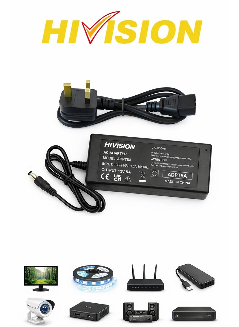 هيفيجن محول طاقة 12 فولت 5 أمبير – AC إلى DC – متوافق مع 110-240 فولت – محول تيار مستمر 12V 5A لأجهزة كاميرات المراقبة، ومضخات المياة الصغيرة والاضاءة، وأجهزة العرض - Image 1